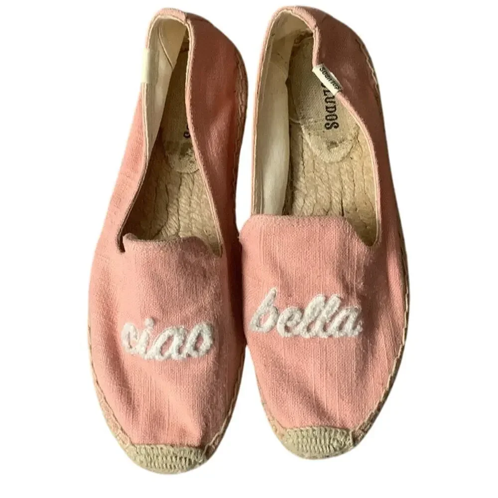 Anthropologie Soludos Ciao Bella Espadrilles Woven Platform Pink White Size 7.5